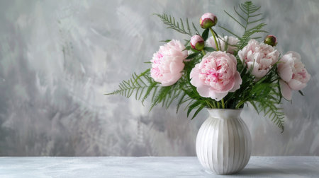 Contemporary ceramic vase with a modern design, holding a sophisticated mix of pink peonies and delicate fernsの素材