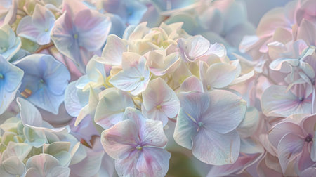 Close-up of pastel hydrangea flowers with soft, diffused lighting, highlighting their delicate beautyの素材
