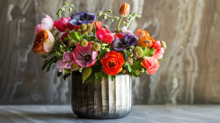 Contemporary metal vase with a brushed finish, showcasing a colorful mix of mixed blooms and greenery in a chic urban settingの素材