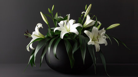 Contemporary matte black vase with a bold, sculptural shape, holding a stylish arrangement of white lilies and lush greeneryの素材