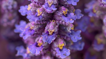 Close-up shot of a purple lavender flower with high detail, capturing the fine texture and rich color of each bloomの素材