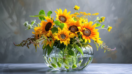 Contemporary glass vase with a gradient design, filled with a dramatic arrangement of yellow sunflowers and mixed foliageの素材