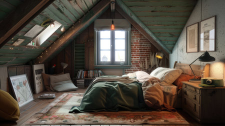 Cozy and charming attic bedroom with slanted ceilings, a comfortable bed, and vintage decor, offering a unique and quaint living spaceの素材
