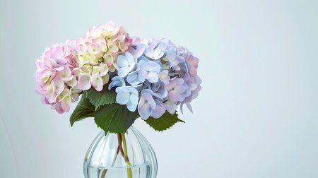 Elegant pastel hydrangea arrangement in a classic vase, set against a clean white backgroundの素材