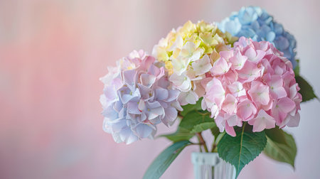 Elegant bouquet of pastel hydrangea flowers arranged in a simple yet sophisticated vaseの素材