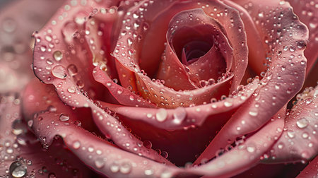 Detailed close-up of a pink rose with dew droplets, showcasing the intricate texture and layers of each petalの素材