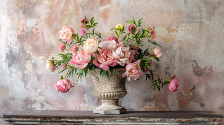 Contemporary stone vase with a textured surface, featuring a lush arrangement of pink peonies and greeneryの素材