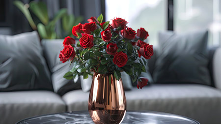 Elegant modern vase with a metallic finish, holding a vibrant bouquet of red roses and mixed greeneryの素材