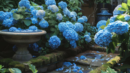 Elegant blue hydrangea flowers arranged in a charming garden setting, adding a touch of beauty to the landscapeの素材