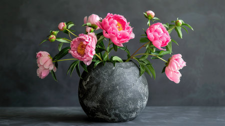 Contemporary stone vase with a textured surface, featuring a lush arrangement of pink peonies and greeneryの素材