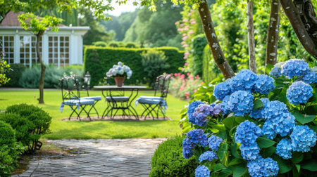 Elegant blue hydrangea flowers arranged in a picturesque summer garden, capturing the essence of the season's beautyの素材