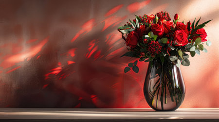 Elegant modern vase with a metallic finish, holding a vibrant bouquet of red roses and mixed greeneryの素材
