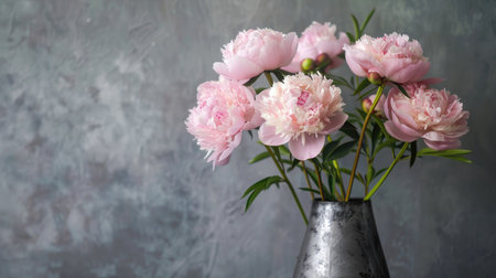 Elegant modern metal vase with a brushed texture, displaying a sophisticated arrangement of pink peonies and green stemsの素材