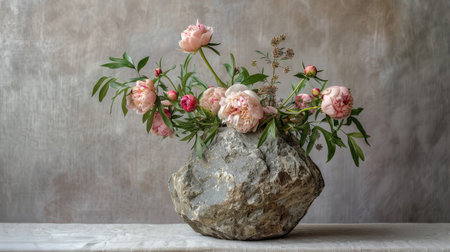 Contemporary stone vase with a textured surface, featuring a lush arrangement of pink peonies and greeneryの素材
