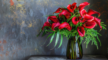 Elegant tall vase with a modern design, showcasing a dramatic arrangement of red calla lilies and green foliageの素材
