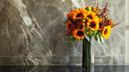 Elegant tall glass vase with a sleek design, displaying a stunning arrangement of vibrant sunflowers and foliageの素材
