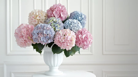 Elegant pastel hydrangea arrangement in a classic vase, set against a clean white backgroundの素材