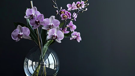 Elegant glass vase with a sleek finish, displaying a fresh mix of purple orchids and green stemsの素材