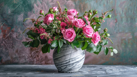 Elegant marble vase with a textured finish, showcasing a vibrant arrangement of pink roses and mixed greeneryの素材