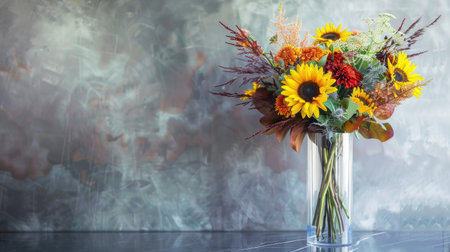 Elegant tall glass vase with a sleek design, displaying a stunning arrangement of vibrant sunflowers and foliageの素材