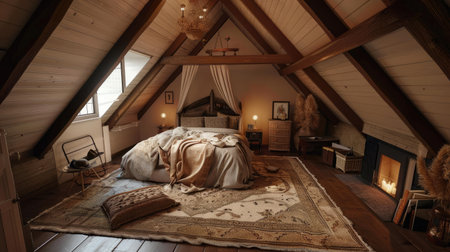 Cozy and charming attic bedroom with slanted ceilings, a comfortable bed, and vintage decor, offering a unique and quaint living spaceの素材