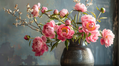 Elegant modern metal vase with a brushed texture, displaying a sophisticated arrangement of pink peonies and green stemsの素材