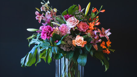 Elegant tall vase with a sleek, contemporary design, filled with a vibrant mix of mixed blooms and green foliageの素材