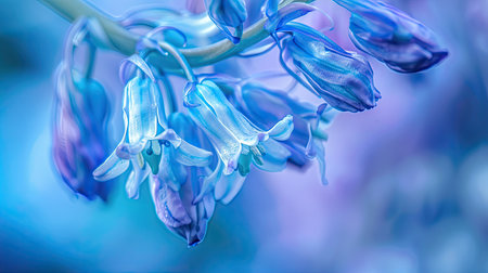 High-quality close-up of a bluebell flower, capturing the delicate textures and vibrant color of each bloomの素材