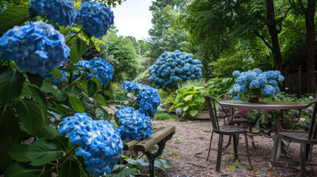 Elegant blue hydrangea flowers arranged in a charming garden setting, adding a touch of beauty to the landscapeの素材
