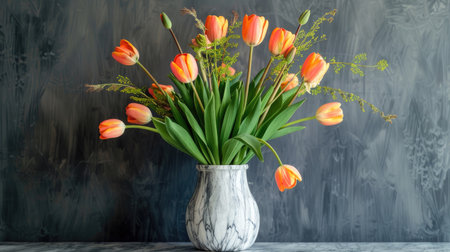 Elegant marble vase with a minimalist design, showcasing a vibrant mix of orange tulips and green foliageの素材