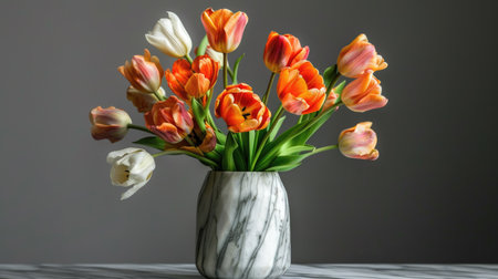 Elegant marble vase with a minimalist design, showcasing a vibrant mix of orange tulips and green foliageの素材