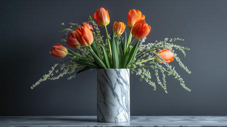 Elegant marble vase with a minimalist design, showcasing a vibrant mix of orange tulips and green foliageの素材