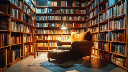 Inviting home library with floor-to-ceiling bookshelves, a cozy reading chair, and soft lighting, perfect for book loversの素材