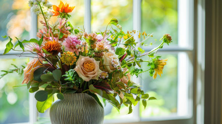 Elegant vase with a textured finish, filled with a vibrant bouquet of mixed blooms and lush greeneryの素材