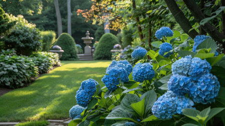 Elegant summer garden setting with clusters of blue hydrangea flowers, capturing the beauty of the seasonの素材