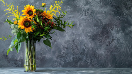 Elegant tall glass vase with a sleek design, displaying a stunning arrangement of vibrant sunflowers and foliageの素材