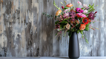 Elegant tall vase with a sleek, contemporary design, filled with a vibrant mix of mixed blooms and green foliageの素材