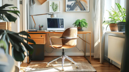 Elegant home office with a wooden desk, comfortable chair, and tasteful artwork, perfect for a productive and stylish workspaceの素材
