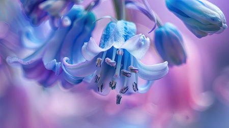 High-quality close-up of a bluebell flower, capturing the delicate textures and vibrant color of each bloomの素材