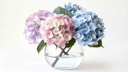 Elegant pastel hydrangea arrangement in a classic vase, set against a clean white backgroundの素材