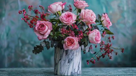 Elegant marble vase with a textured finish, showcasing a vibrant arrangement of pink roses and mixed greeneryの素材