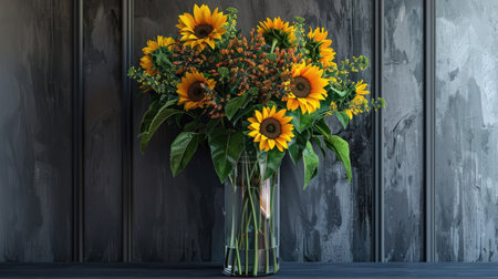 Elegant tall glass vase with a sleek design, displaying a stunning arrangement of vibrant sunflowers and foliageの素材