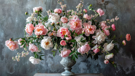Elegant tall vase with a sculptural design, featuring a refined arrangement of soft pink peonies and delicate foliageの素材