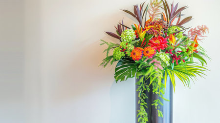 Elegant tall vase with a sleek, contemporary design, filled with a vibrant mix of mixed blooms and green foliageの素材