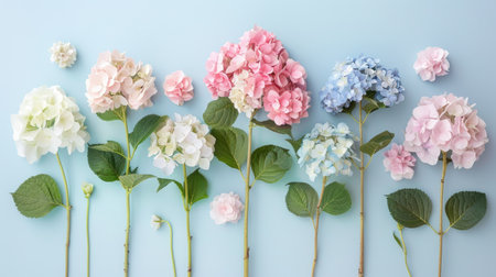 Hydrangea flowers in pastel shades arranged in a stylish flat lay, showcasing their elegance and varietyの素材