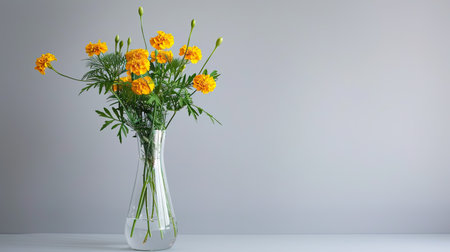 Elegant tall glass vase with a minimalist design, filled with a vibrant bouquet of yellow marigolds and green leavesの素材