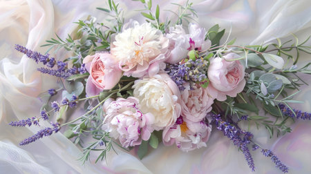 Immerse in the fresh and elegant allure of this watercolor bouquet, featuring soft peonies and delicate lavender for a touch of nature's beautyの素材