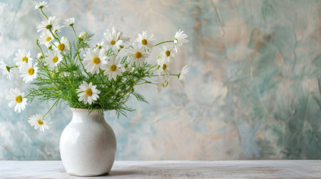 Modern ceramic vase with a smooth, glossy finish, featuring a fresh mix of white daisies and green foliageの素材