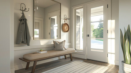 Modern and clean-lined entryway with a sleek bench, decorative hooks, and a large mirror, offering a stylish first impressionの素材