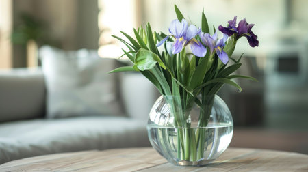 Modern glass vase with a sleek silhouette, holding a fresh mix of purple irises and green leavesの素材